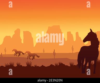 Wild West Sonnenuntergang Szene mit Pferden laufen Vektor Illustration Design Stock Vektor