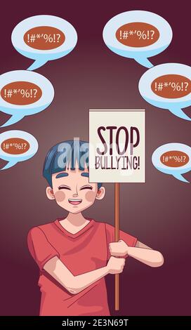 Junger Teenager Junge mit Stop Mobbing Schriftzug in Protestbanner vektorgrafik Design Stock Vektor