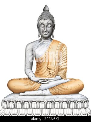 Isolierte Buddha-Meditationsstatue in Lotusposition auf weißem Hintergrund. 3D-Illustration. Stockfoto