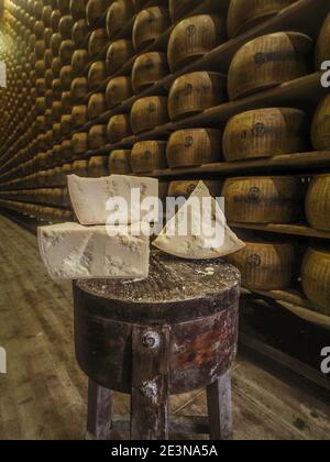 Parmigiano Reggiano werden in Reihen gelegt und auf Holzbrettern im Hombre Farm Lagerhaus ruhen gelassen. Auf diese Weise das Äußere des Käserads . Stockfoto