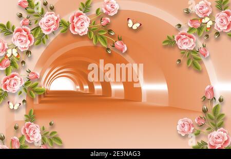 3d Wandbild Illustration leeren Raum Hintergrund mit Ästen Blumen , dekorative Tapete Stockfoto