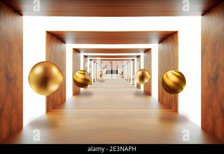 3d Holz Wandbild Tapete. Illustration Hintergrund Tunnel mit goldener Kugel. Leere Lichthalle Hintergrund Stockfoto