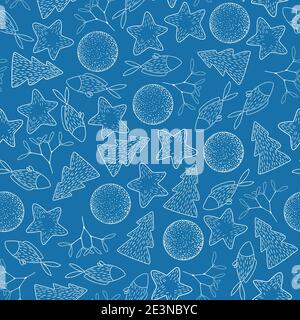 Einfaches Nahtloses Muster mit Weihnachtsmotiv. Weihnachtsbaum, Stern, Fisch, Mistel und Weihnachtsdekoration. Stockfoto