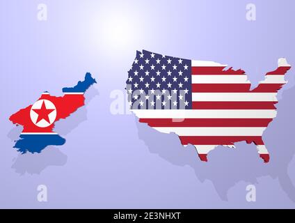 3d-Rendering einer Flagge von Nordkorea und den USA, als 3d-Modell, dargestellt als Kontur des Landes Stockfoto
