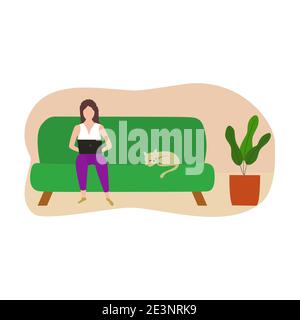 Freiberufliche Frau, die zu Hause mit einem Computer-Laptop arbeitet. Vektor- und Illustrationsdesign Stock Vektor