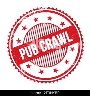 PUB CRAWL Text geschrieben auf rot grungy Zick-Zack Grenzen rund Stempel. Stockfoto