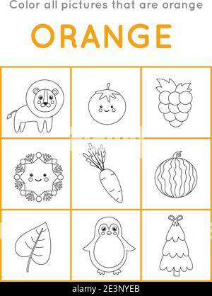 Färben Sie alle orangefarbenen Objekte. Pädagogische Färbung Spiel für Kinder. Stock Vektor