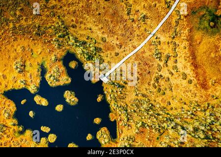 Miory Bezirk, Witebsk Region, Weißrussland. Der Yelnya Sumpf. Luftaufnahme Der Yelnya Nature Reserve Landschaft. Schmaler Holzwanderweg Schlängelt Sich Durch Stockfoto