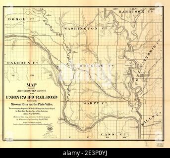 Karte mit den verschiedenen untersuchten Routen für die Union Pacific Rail Road zwischen dem Missouri River und dem Platte Valley, Stockfoto