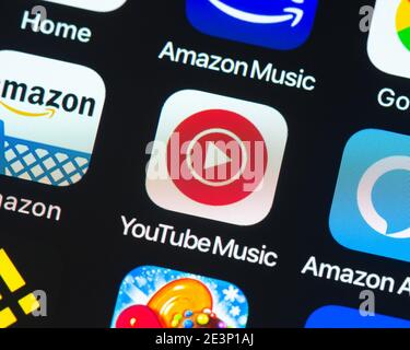 YouTube Music App-Symbol auf dem Apple iPhone-Bildschirm. YouTube Music ist ein Musik-Streaming-Dienst. Stockfoto