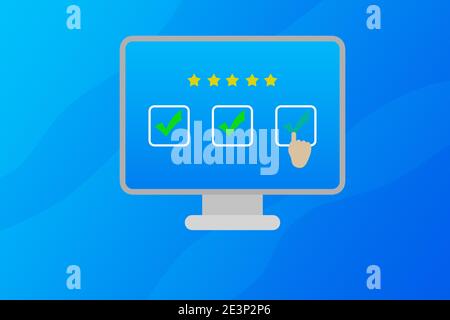 Der Kunde hinterlässt eine gute Bewertung mit fünf Sternen und allen grünen Karos. Abbildung in einem Monitor-Bildschirm. Blauer abstrakter Hintergrund. Positives Feedback, Stockfoto