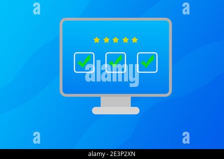 Der Kunde hinterlässt eine gute Bewertung mit fünf Sternen und allen grünen Karos. Abbildung in einem Monitor-Bildschirm. Blauer abstrakter Hintergrund. Positives Feedback, Stockfoto