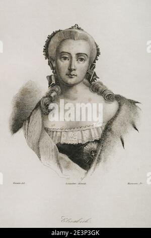 Elisabeth von Russland (1709-1762). Kaiserin von Russland (1741-1762). Tochter von Peter dem Großen. Hochformat. Gravur von Lemaitre, Vernier und Manceau. Geschichte Russlands von Jean Marie Chopin (1796-1870). Panorama Universal, spanische Ausgabe, 1839. Stockfoto