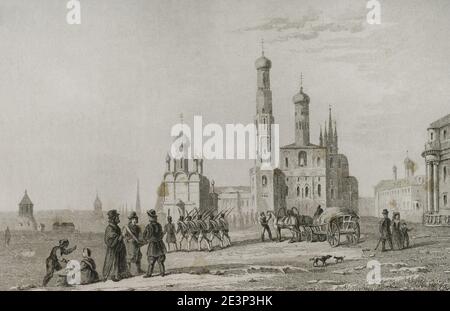 Russland, Moskau. Kremlkomplex. Cathedral Square. Blick auf den großen Glockenturm Ivan. Gravur von Lemaitre und Cholet. Geschichte Russlands von Jean Marie Chopin (1796-1870). Panorama Universal, spanische Ausgabe, 1839. Stockfoto