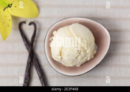 Frische Kugel Vanilleeis mit zwei Vanilleschoten Und erblühen von oben Stockfoto