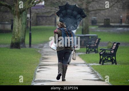 Ein Windstoß fängt den Regenschirm einer Person ein, während sie durch das Gelände der Winchester Cathedral in Winchester, Hampshire, geht, während Sturm Christoph weite Überschwemmungen, Stürme und Schnee in Teile Großbritanniens bringen wird. Es wird erwartet, dass es in Großbritannien zu heftigen Regenfällen kommt, wobei das Met Office warnt, dass Häuser und Unternehmen überschwemmt werden und Schäden an einigen Gebäuden verursachen. Bilddatum: Mittwoch, 20. Januar 2021. Stockfoto