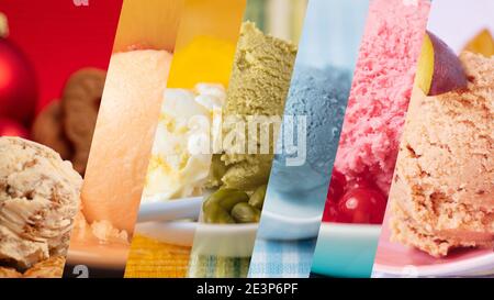 Bunte Vielfalt an Eis und Eis Aromen in Die Farben des Regenbogens als Hintergrund-Header-Banner Stockfoto