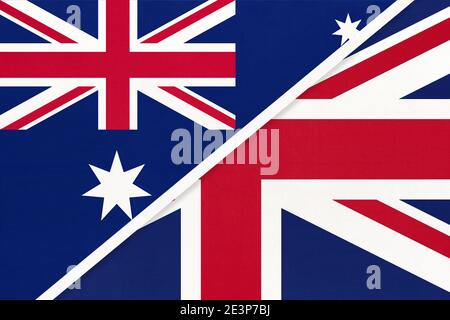 Australien und Vereinigtes Königreich Großbritannien oder UK, Nationalflaggen aus Textil. Beziehung, Partnerschaft und Übereinstimmung zwischen zwei Ländern. Stockfoto