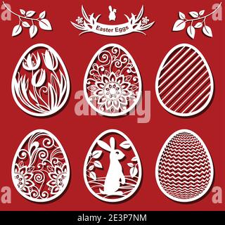 Ostereier-Set. Tulpe, Sonnenblume in Eiern. Weiße Ziereier zum Laserschneiden auf rotem Hintergrund. Symbole für Grußkarte. Vektorgrafik Stock Vektor