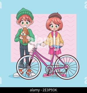 Junge Teenager Paar mit Hund und Fahrrad Zeichen Vektor-Illustration Design Stock Vektor