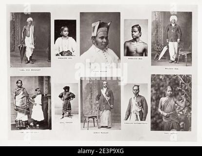 Vintage 19. Jahrhundert Foto: Zusammengesetzte Gruppe von Bildern der Rassen von Ceylon, Sri Lanka. Stockfoto