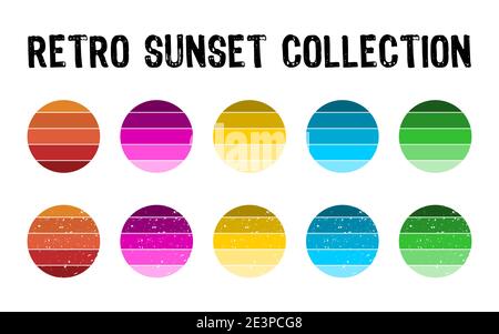 Retro Sunset Kollektion im Stil der 80er Jahre. Regular und Distressed vintage Sonnenuntergang Set. Fünf Farben mit texturierten Versionen. Kreisförmiger Verlaufshintergrund. Stock Vektor