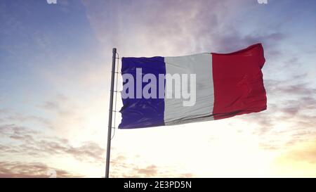 Französische Nationalflagge flattert im Wind, dramatischer Himmelshintergrund. 3d-Illustration Stockfoto