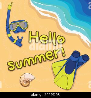 Sommerhintergrund mit Muschel, Flossen und Maske auf Sand. Stock Vektor
