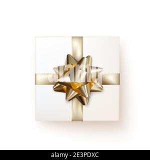 Weiße Geschenkbox mit goldener Seidenschleife in realistischem Stil Draufsicht. Vektor Stock Vektor