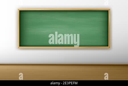 Grüne Tafel, Kreidetafel im Klassenzimmer mit weißer Wand und Holzboden. Hintergrund für Online-Konferenz oder Live-Stream, zurück zur Schule, Bildung leeren Rahmen, realistische 3d-Vektor-Illustration Stock Vektor
