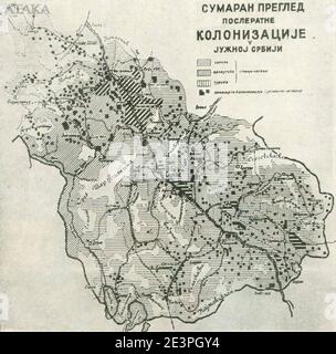 Karte der serbischen Kolonisation in Vardar Mazedonien 20 Jahrhundert. Stockfoto