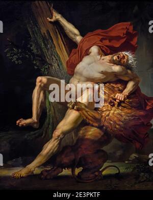 Charles Meynier 1763-1832 Milo von Croton, versucht, seine Stärke zu testen, wird gefangen und verschlungen von einem Löwen 1795 Frankreich, Französisch, ( die Geschichte des antiken griechischen Athleten Milo von Croton ist eine Allegorie von Stolz und Eitelkeit. Der alternde Milo will seine Stärke zeigen, indem er einen gespaltenen Baumstamm auseinanderzieht. Seine Hand wird gefangen und, unfähig zu entkommen, wird er von wilden Tieren verschlungen. ) Stockfoto