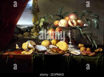 Jan Davidsz. De Heem trett 1606 – Antwerpen 1684, Festmahl Stillleben mit Blick auf eine Landschaft, Niederlande, Niederländisch, Stockfoto