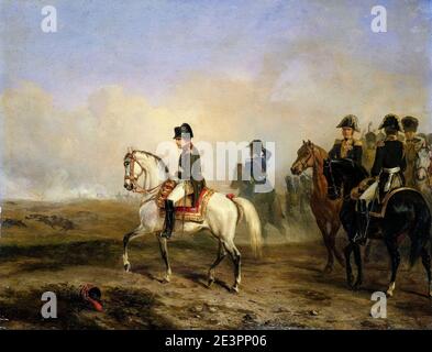 Napoleon Bonaparte I. zu Pferd auf dem Schlachtfeld mit seinem Stab, Reiterporträt von Horace Vernet 1810-1850 Stockfoto