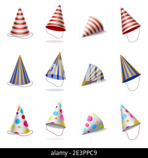 Party Hüte, Geburtstag bunte Kappen mit Streifen und Tupfen Muster, Karton Kegel für den Geburtstag oder Jubiläum Feier isoliert auf weißem Hintergrund, realistische 3d-Vektor-Illustration, Icons gesetzt Stock Vektor