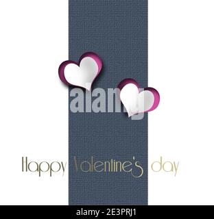 Liebeskarte, zwei Herzen auf weiß. Gold Text Happy Valentines' day. Vorlage zum Valentinstag, Einladung zum Jahrestag. 3D-Rendering Stockfoto