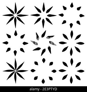 Geometrisches Blumen- oder Blatt-Icon-Set. Schwarz abstrakt einfaches konzentrisches Blumenmuster. Vektordesign-Element auf weißem Hintergrund isoliert. Stock Vektor