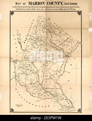 Karte von Marion County, South Carolina, eine komplette Karte mit den Townships, öffentlichen Straßen & Hauptwohnsitzen, neben anderen Dingen, die auf keiner anderen Karte der Grafschaft gefunden wurden - Originalübersicht von Stockfoto