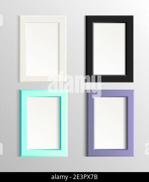 Realistische Rahmen für Fotos, Bilder oder Text. Ein Satz von Rahmen in schwarz, weiß, grün und lila auf weißem Hintergrund. Stock Vektor