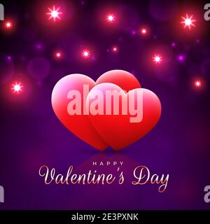 Valentinskarte, rote Herzen auf magenta, violetter Hintergrund mit hellen Lichtern. Alles Liebe zum valentinstag Banner. Einladung valentines Karte mit Herzen. Stock Vektor