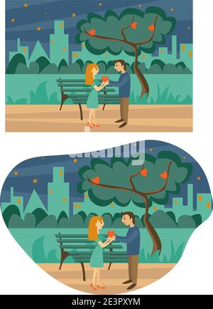 Set von Valentinstag Grußkarten mit Paar in der Nacht Stadtpark Stock Vektor