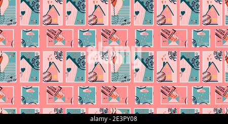 Liebesbrief, valentinstag, Briefmarken. Nahtloses Vektordesign. Schöne abstrakte Einladungskarte mit rosa Liebesbrief für Tapeten-Design. Stock Vektor