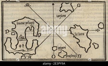 Karte von Kyra Panagia und Gioura Inseln und Piperi und Prasonisi Inseln in den Sporaden - Bordone Benedetto - 1547. Stockfoto