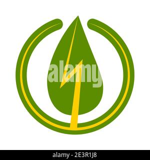 Grüne Energie Zeichen Symbol, Vektor grünes Blatt mit einem Blitz in einem Kreis Symbol der erneuerbaren umweltfreundlichen Energie Stock Vektor