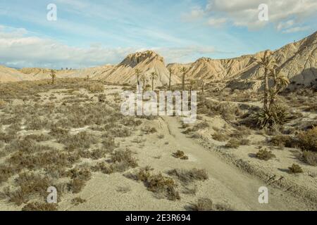 Drohne Luftaufnahme der Wüstenlandschaft von Tabernas in Andalusien Almeria Spanien nur Wüste in Europa Stockfoto