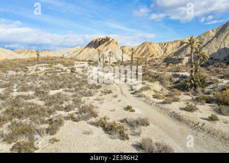 Drohne Luftaufnahme der Wüstenlandschaft von Tabernas in Andalusien Almeria Spanien nur Wüste in Europa Stockfoto