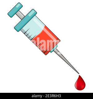 Cartoon-Symbol für Spritze und Bluttropfen. Ideal für covid-19 Impfstoff-Design oder Blutspende Symbol. Medizinische Vektordarstellung isoliert auf weißem Hintergrund Stock Vektor