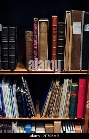 Antike Bücher in Lederbezügen, gedruckt im 19. Jahrhundert und früher. Kenntnisse über Bibliothek oder Buchhandlung Stockfoto