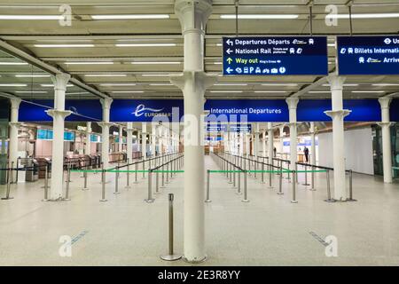 London, Großbritannien. Januar 2021, 19. Eurostar International Departures Zugterminal leer wegen Sperre am St. Pancras International. Quelle: Waldemar Sikora Stockfoto