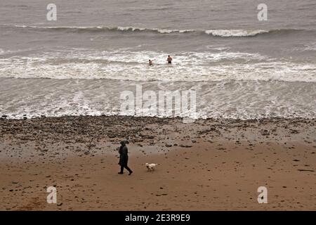 Swansea, Großbritannien. Januar 2021. Ein Paar Schwimmer gehen auf das Meer, als eine Frau ihren Hund in der Langland Bay bei Swansea spaziert, heute als Storm Christoph Wales mit einem dreitägigen Regensturm und Stürmen schlägt. Quelle: Phil Rees/Alamy Live News Stockfoto
